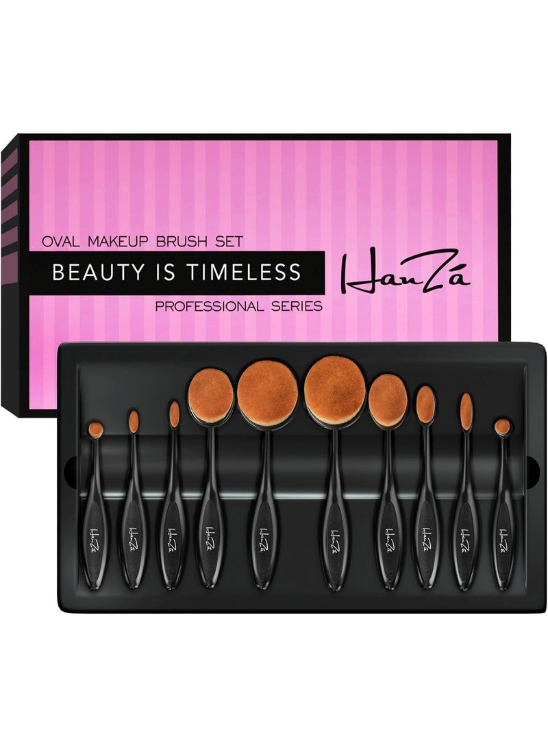 HANZA Makeup Brushes - 10 PIECE Professional Oval Makeup Brush Sets For Powder, Blush, Foundation, Concealer, Eyeliner, Eye Shadow, Etc. Easily Blends and Contours Cosmetics - Image 1